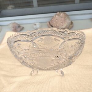 Vintage Footed Crystal Bowl Dish Oval 8" Saw Tooth Edge Decorative Cut Glass